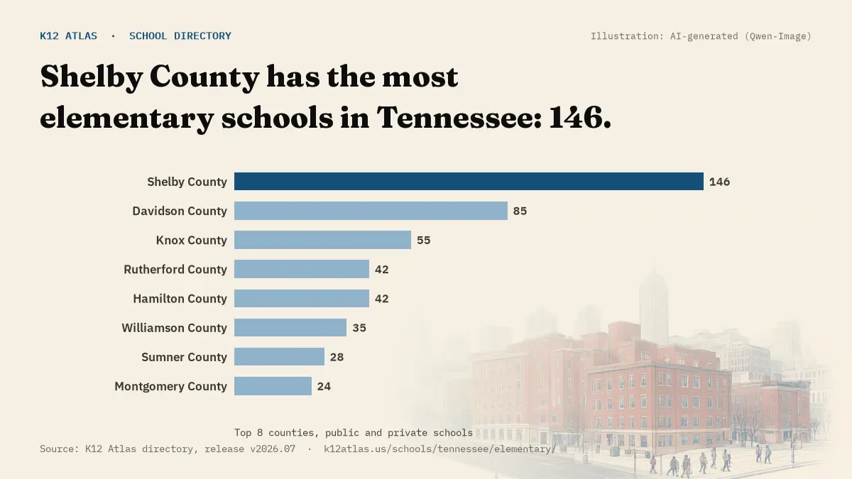 Bar chart of Tennessee counties by number of elementary schools: Shelby County has the most, 146.