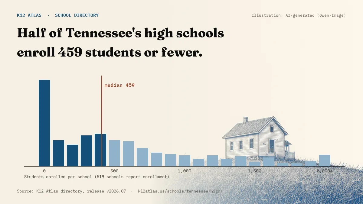 Histogram of enrollment: half of Tennessee's high schools enroll 459 students or fewer (519 schools report enrollment).
