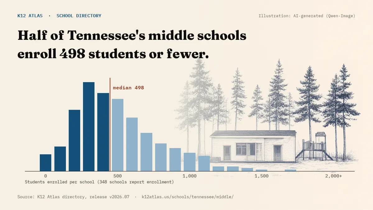 Histogram of enrollment: half of Tennessee's middle schools enroll 498 students or fewer (348 schools report enrollment).