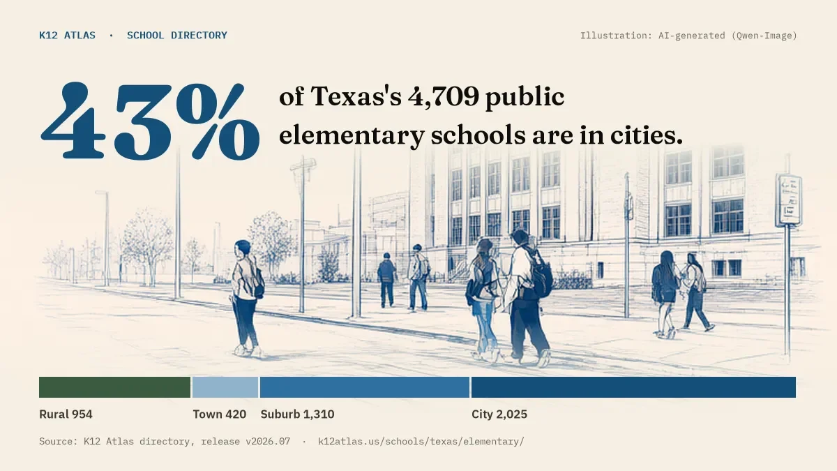 43% of Texas's 4,709 public elementary schools are in cities (rural 954, town 420, suburb 1,310, city 2,025).