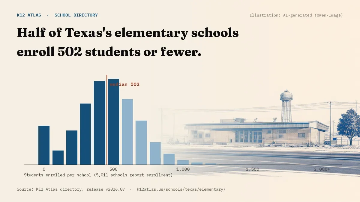 Histogram of enrollment: half of Texas's elementary schools enroll 502 students or fewer (5,011 schools report enrollment).