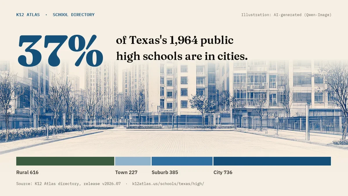 37% of Texas's 1,964 public high schools are in cities (rural 616, town 227, suburb 385, city 736).