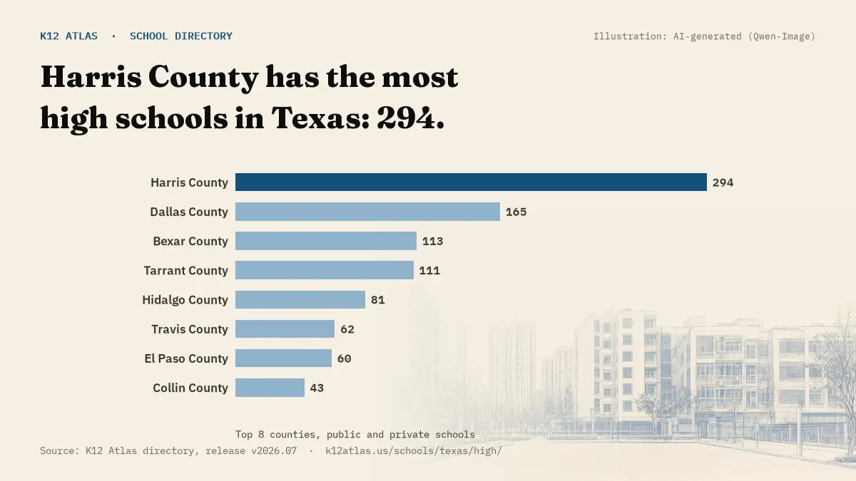 Bar chart of Texas counties by number of high schools: Harris County has the most, 294.