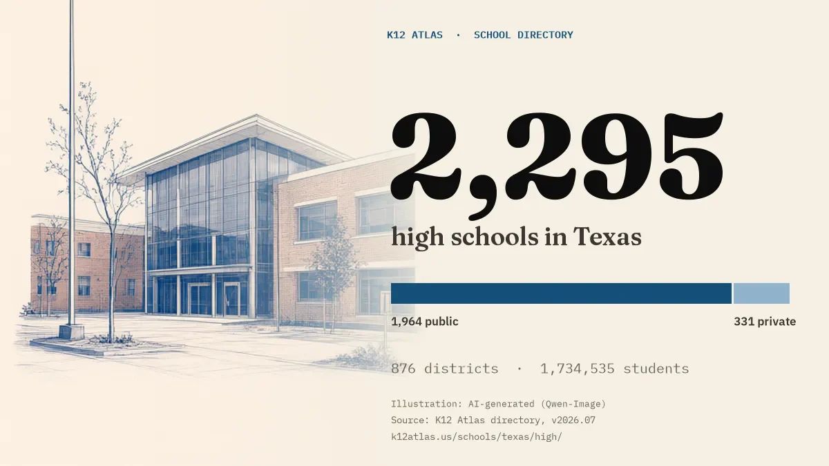 2,295 high schools in Texas: 1,964 public and 331 private, across 876 districts with 1,734,535 students.
