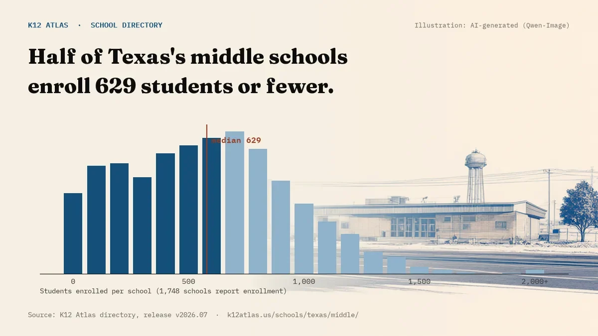 Histogram of enrollment: half of Texas's middle schools enroll 629 students or fewer (1,748 schools report enrollment).