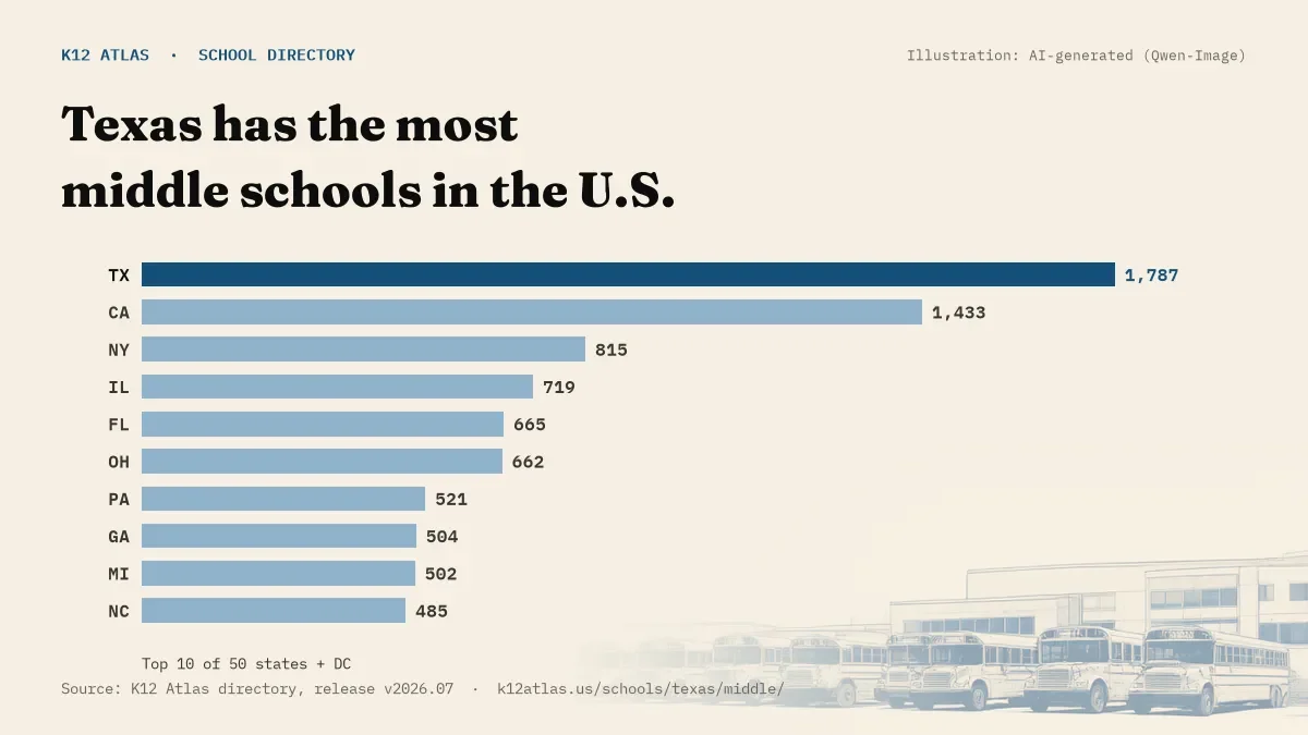 Bar chart of the states with the most middle schools: Texas has the most of the 50 states and DC, with 1,787.
