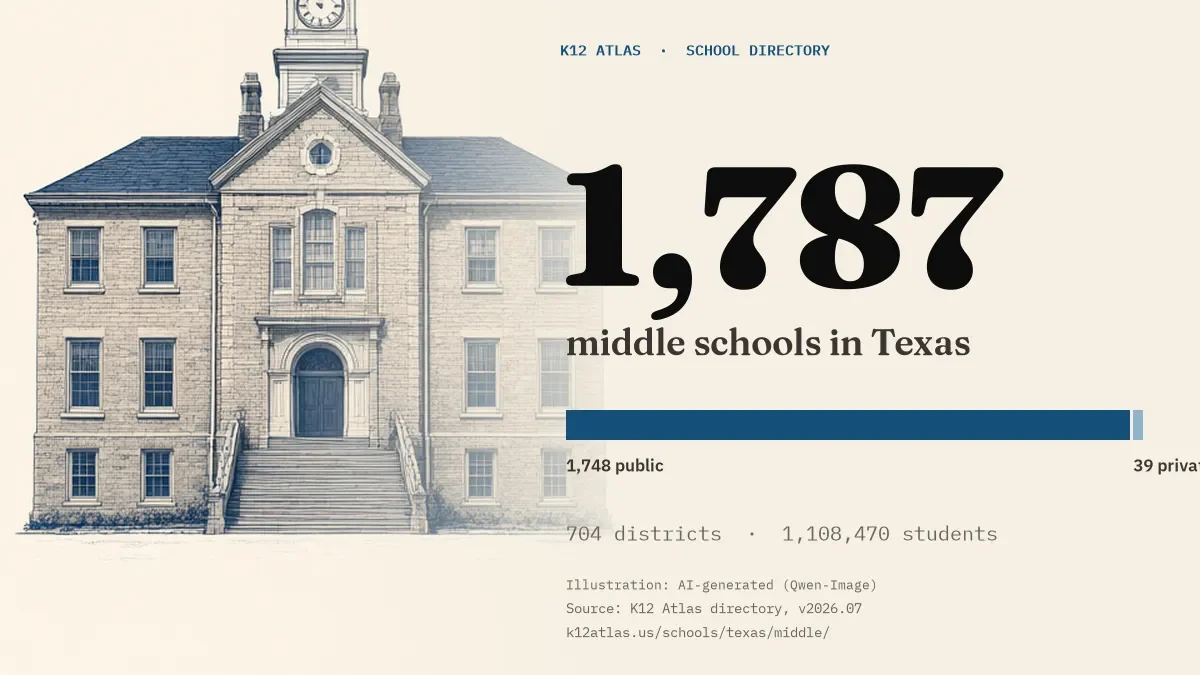 1,787 middle schools in Texas: 1,748 public and 39 private, across 704 districts with 1,108,470 students.
