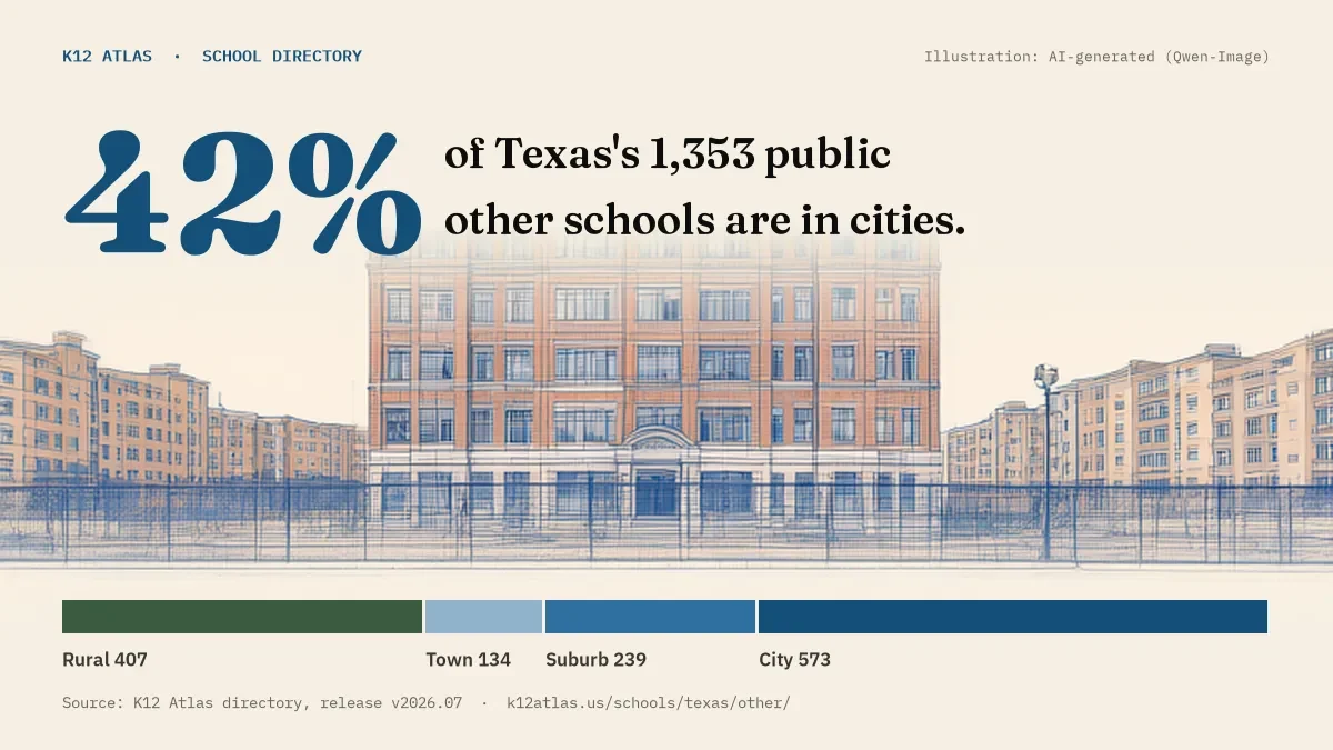 42% of Texas's 1,353 public other schools are in cities (rural 407, town 134, suburb 239, city 573).