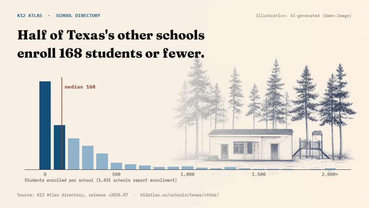 Histogram of enrollment: half of Texas's other schools enroll 168 students or fewer (1,431 schools report enrollment).