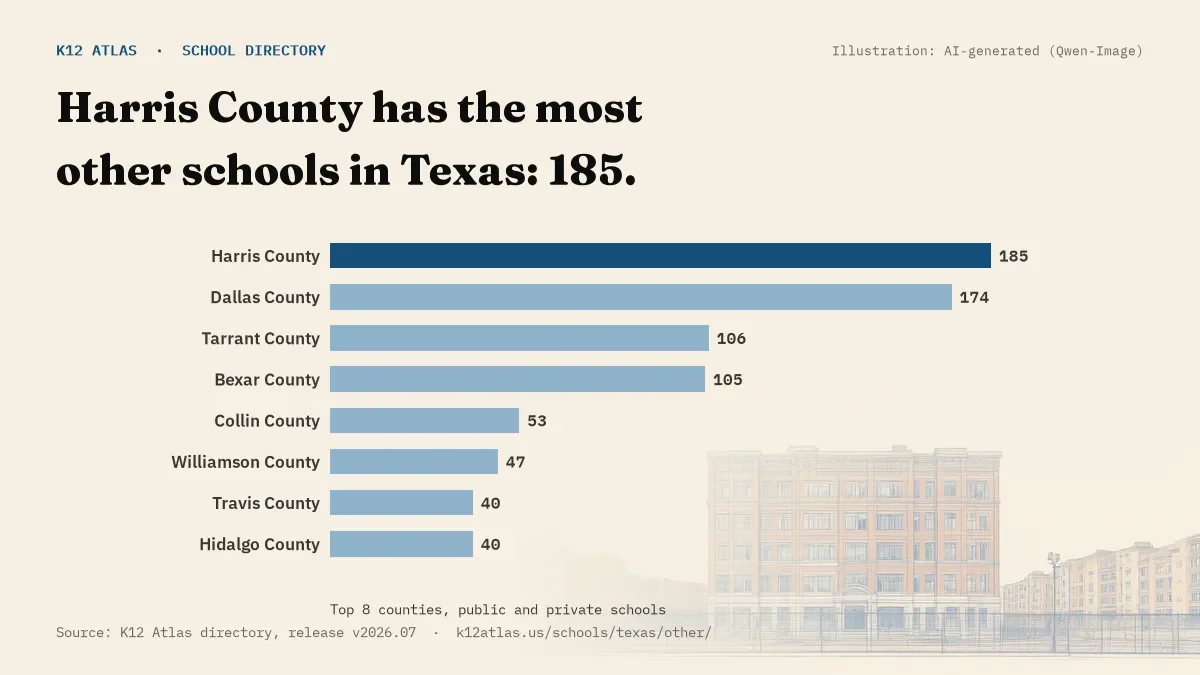Bar chart of Texas counties by number of other schools: Harris County has the most, 185.
