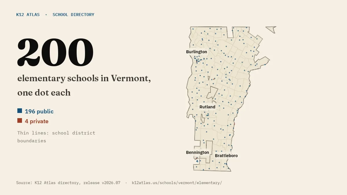 Map of Vermont with one dot for each of its 200 mapped elementary schools, over school district boundaries.