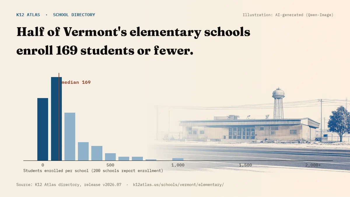 Histogram of enrollment: half of Vermont's elementary schools enroll 169 students or fewer (200 schools report enrollment).
