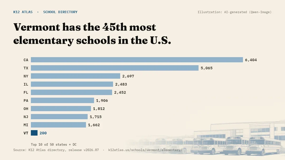 Bar chart of the states with the most elementary schools: Vermont has the 45th most of the 50 states and DC, with 200.