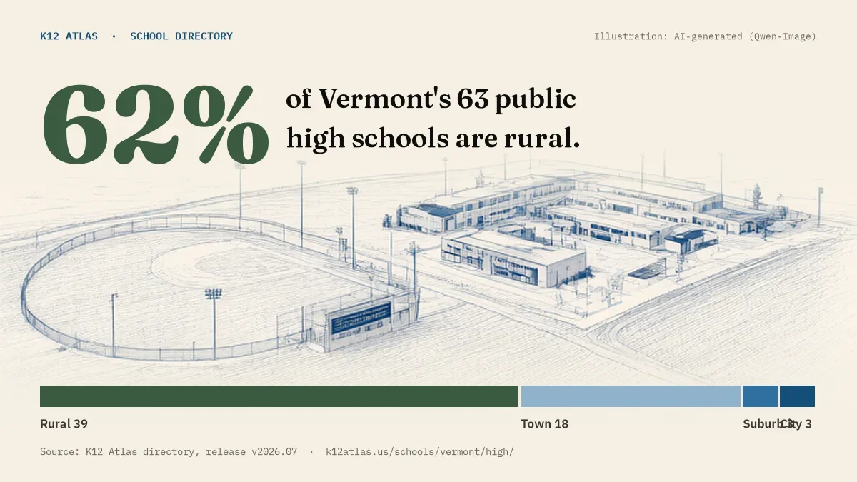 62% of Vermont's 63 public high schools are rural (rural 39, town 18, suburb 3, city 3).