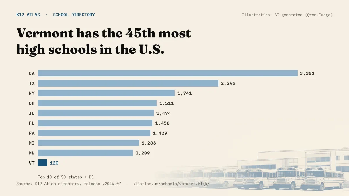 Bar chart of the states with the most high schools: Vermont has the 45th most of the 50 states and DC, with 120.