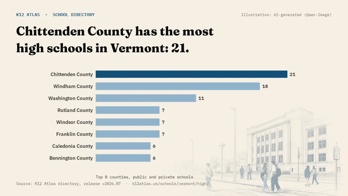 Bar chart of Vermont counties by number of high schools: Chittenden County has the most, 21.
