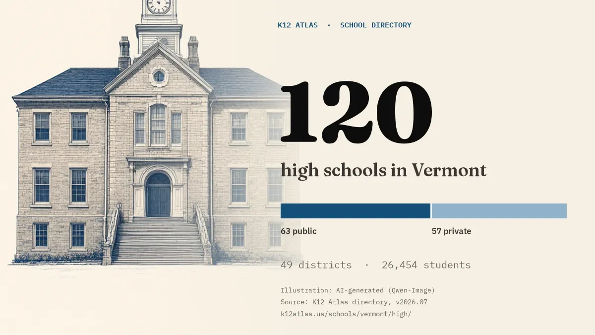 120 high schools in Vermont: 63 public and 57 private, across 49 districts with 26,454 students.
