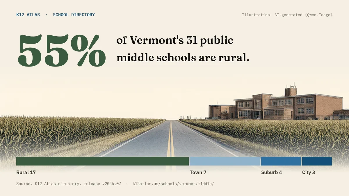 55% of Vermont's 31 public middle schools are rural (rural 17, town 7, suburb 4, city 3).