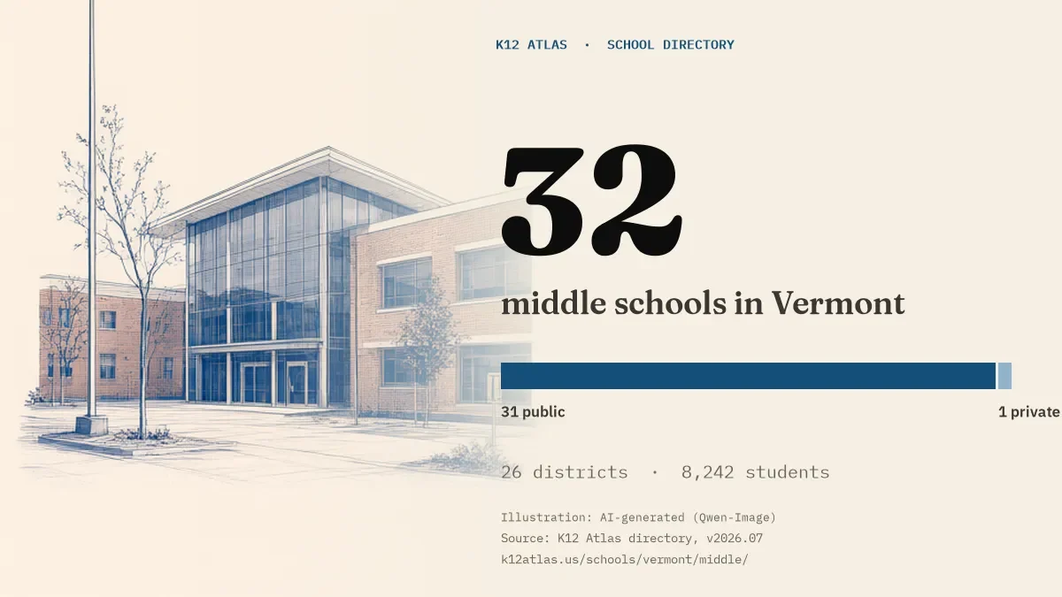 32 middle schools in Vermont: 31 public and 1 private, across 26 districts with 8,242 students.