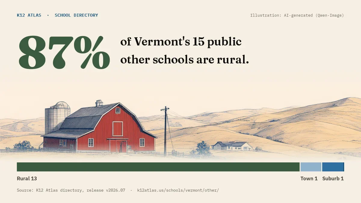87% of Vermont's 15 public other schools are rural (rural 13, town 1, suburb 1, city 0).
