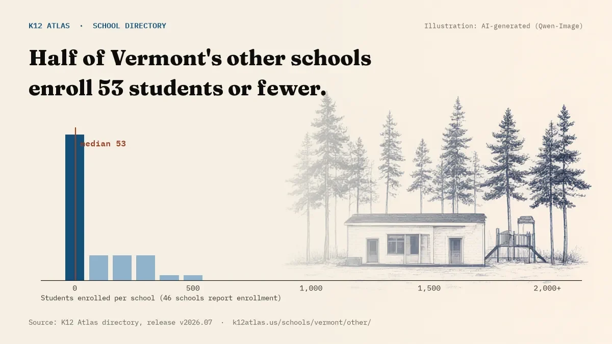 Histogram of enrollment: half of Vermont's other schools enroll 53 students or fewer (46 schools report enrollment).