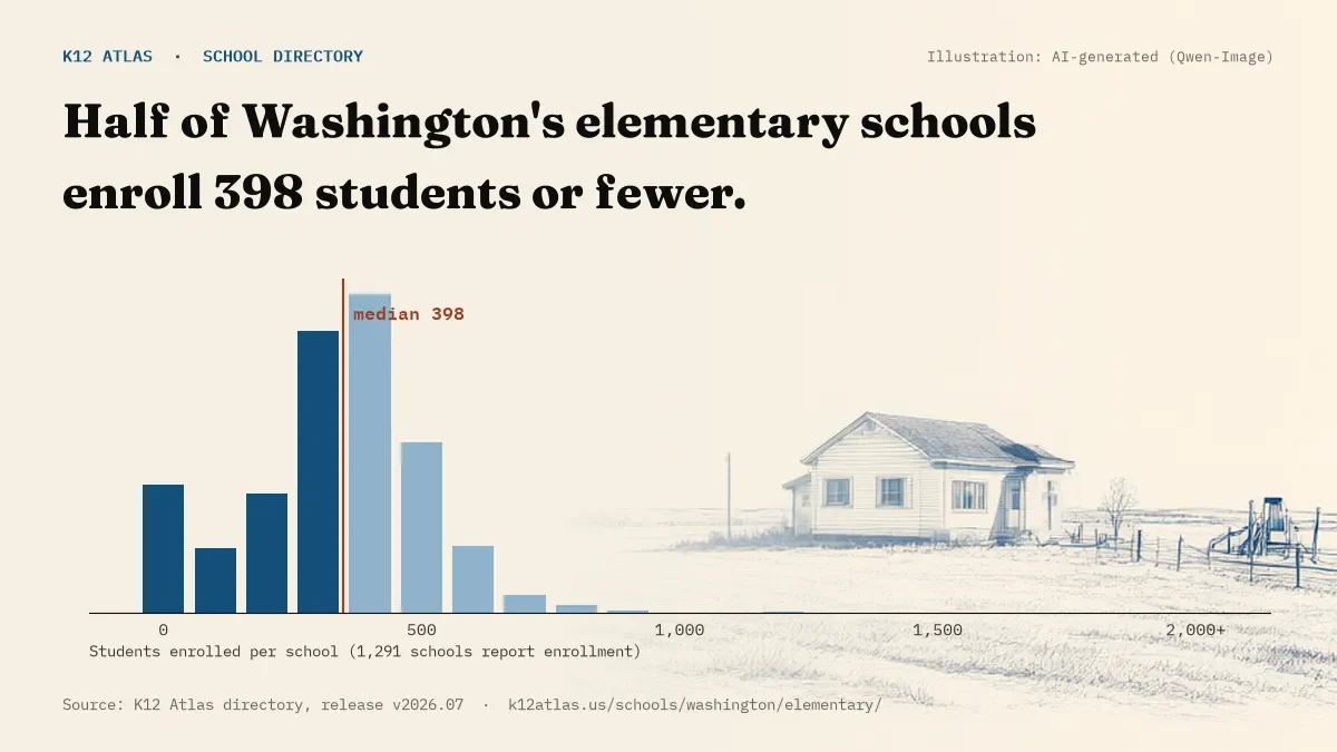 Histogram of enrollment: half of Washington's elementary schools enroll 398 students or fewer (1,291 schools report enrollment).