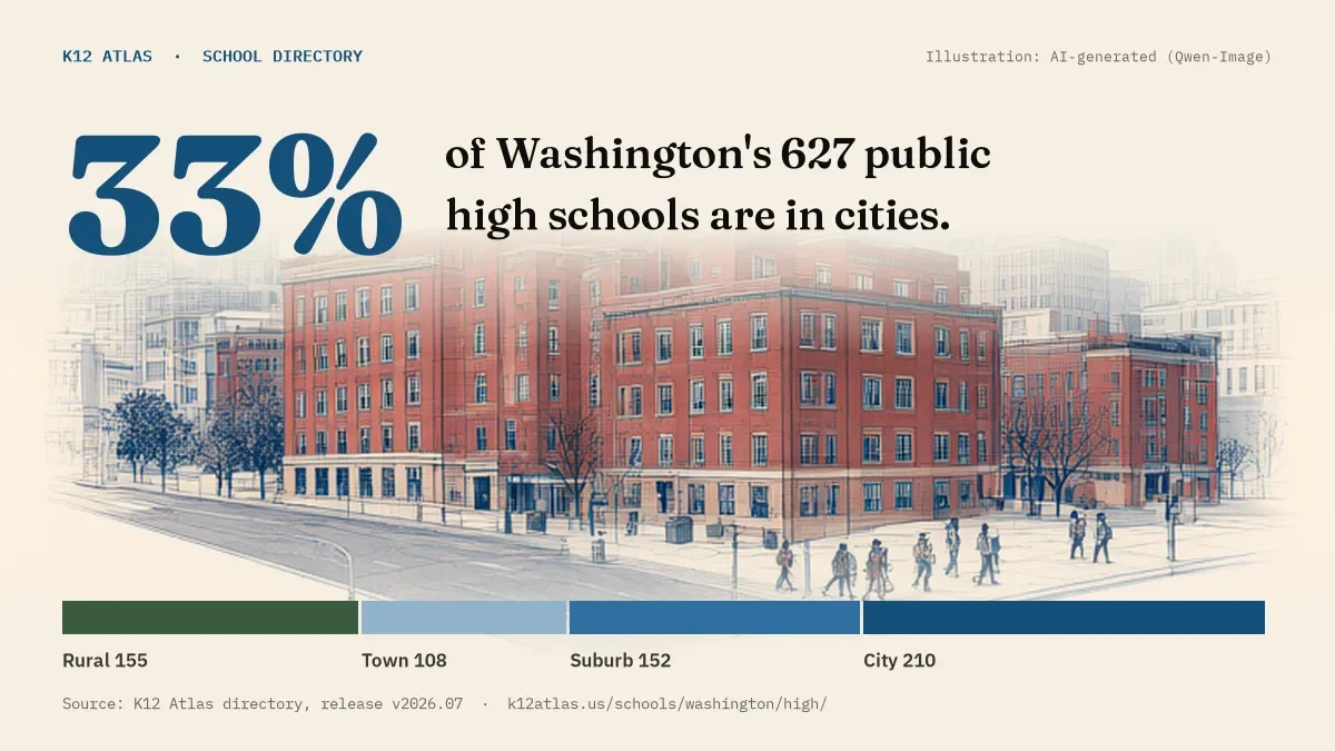 33% of Washington's 627 public high schools are in cities (rural 155, town 108, suburb 152, city 210).