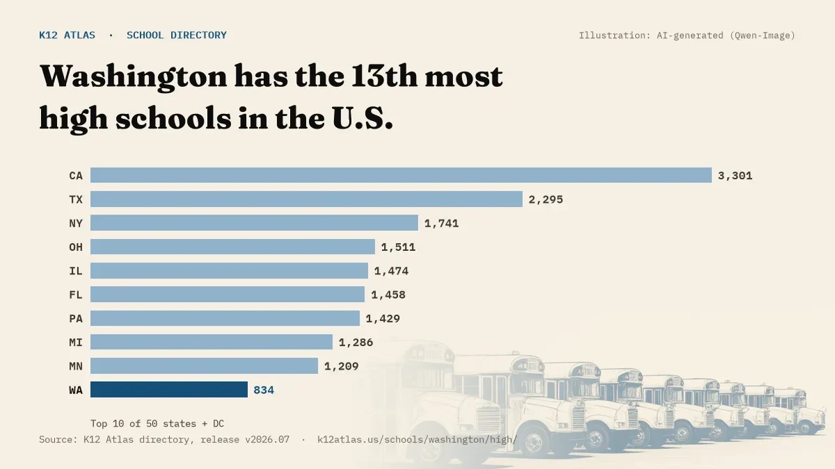 Bar chart of the states with the most high schools: Washington has the 13th most of the 50 states and DC, with 834.