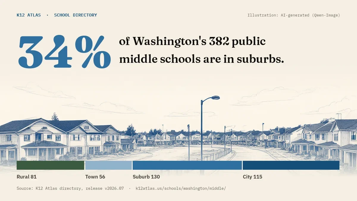 34% of Washington's 382 public middle schools are in suburbs (rural 81, town 56, suburb 130, city 115).