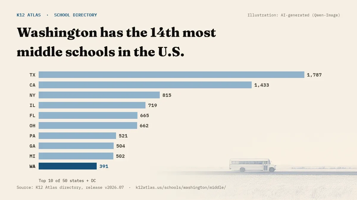 Bar chart of the states with the most middle schools: Washington has the 14th most of the 50 states and DC, with 391.