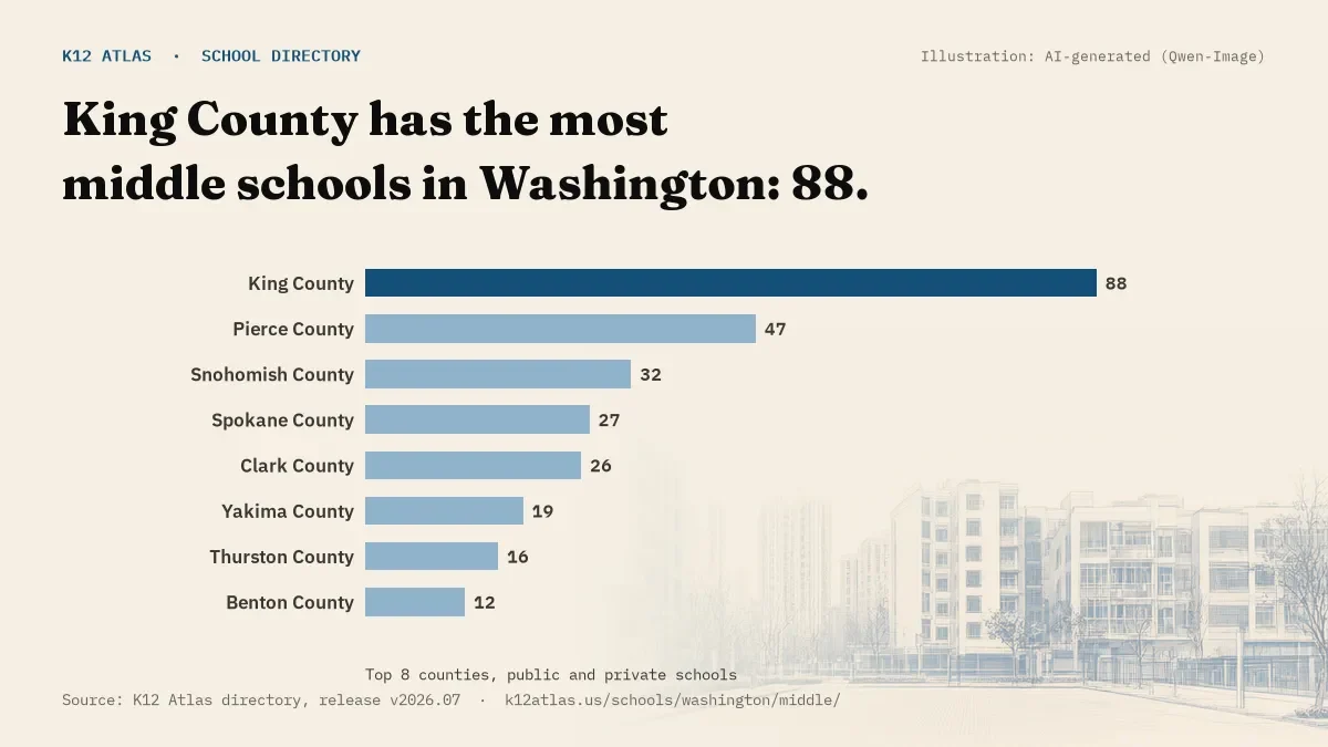 Bar chart of Washington counties by number of middle schools: King County has the most, 88.