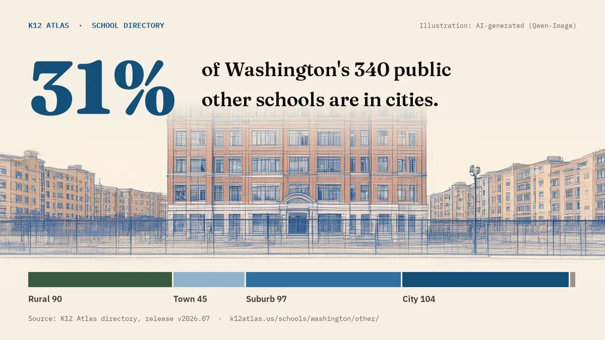 31% of Washington's 340 public other schools are in cities (rural 90, town 45, suburb 97, city 104).