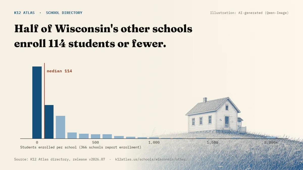 Histogram of enrollment: half of Wisconsin's other schools enroll 114 students or fewer (366 schools report enrollment).