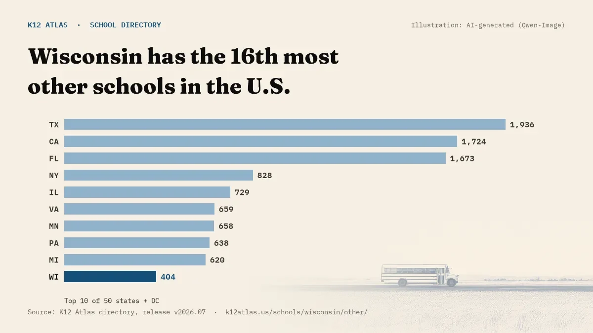 Bar chart of the states with the most other schools: Wisconsin has the 16th most of the 50 states and DC, with 404.