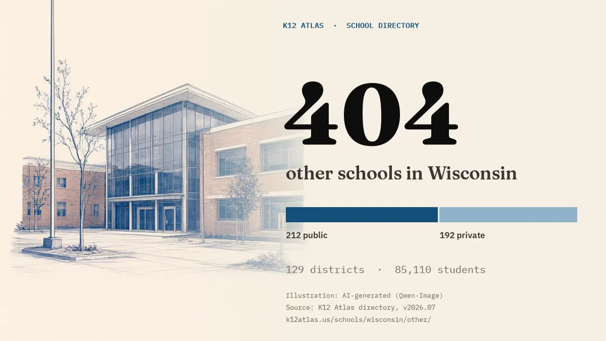 404 other schools in Wisconsin: 212 public and 192 private, across 129 districts with 85,110 students.