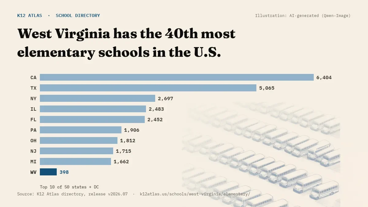 Bar chart of the states with the most elementary schools: West Virginia has the 40th most of the 50 states and DC, with 398.