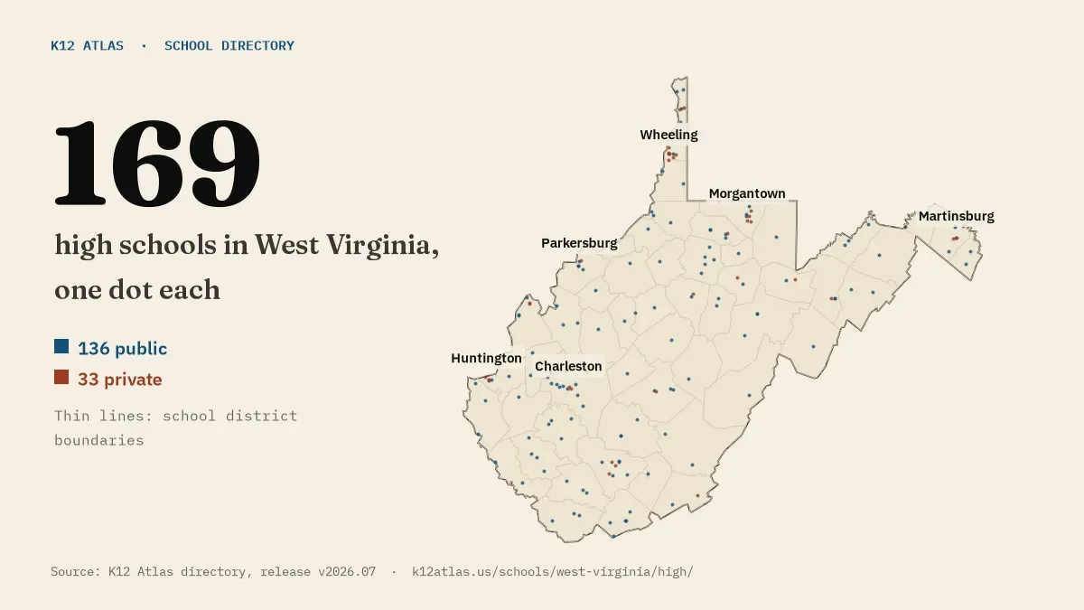 Map of West Virginia with one dot for each of its 169 mapped high schools, over school district boundaries.