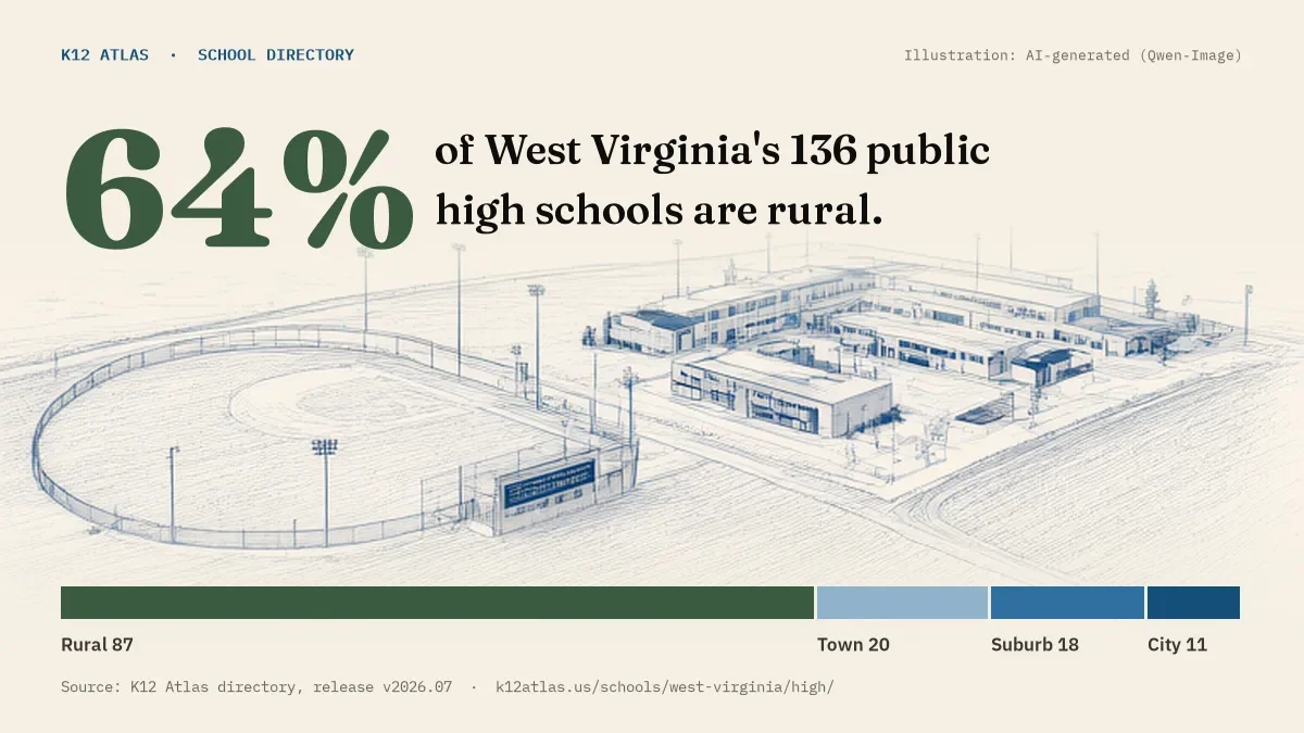 64% of West Virginia's 136 public high schools are rural (rural 87, town 20, suburb 18, city 11).