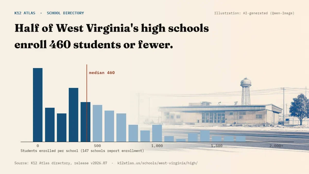 Histogram of enrollment: half of West Virginia's high schools enroll 460 students or fewer (147 schools report enrollment).