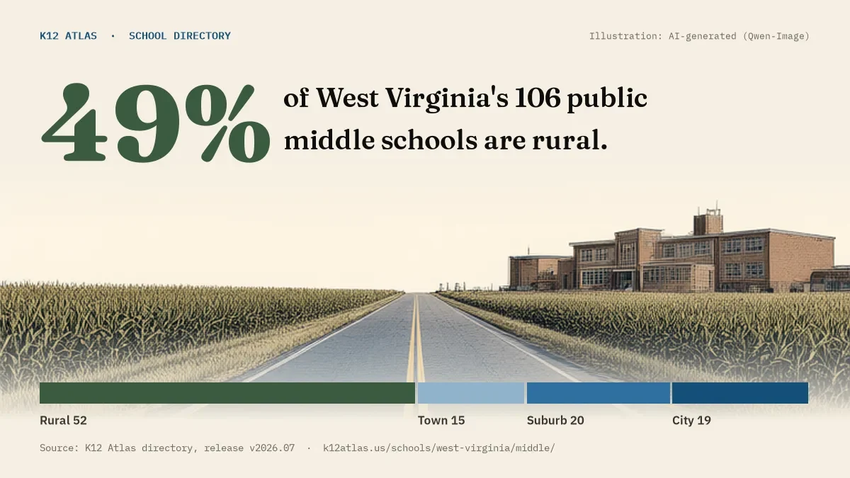 49% of West Virginia's 106 public middle schools are rural (rural 52, town 15, suburb 20, city 19).