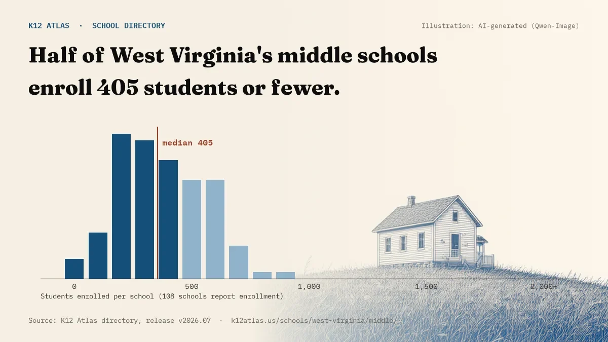 Histogram of enrollment: half of West Virginia's middle schools enroll 405 students or fewer (108 schools report enrollment).