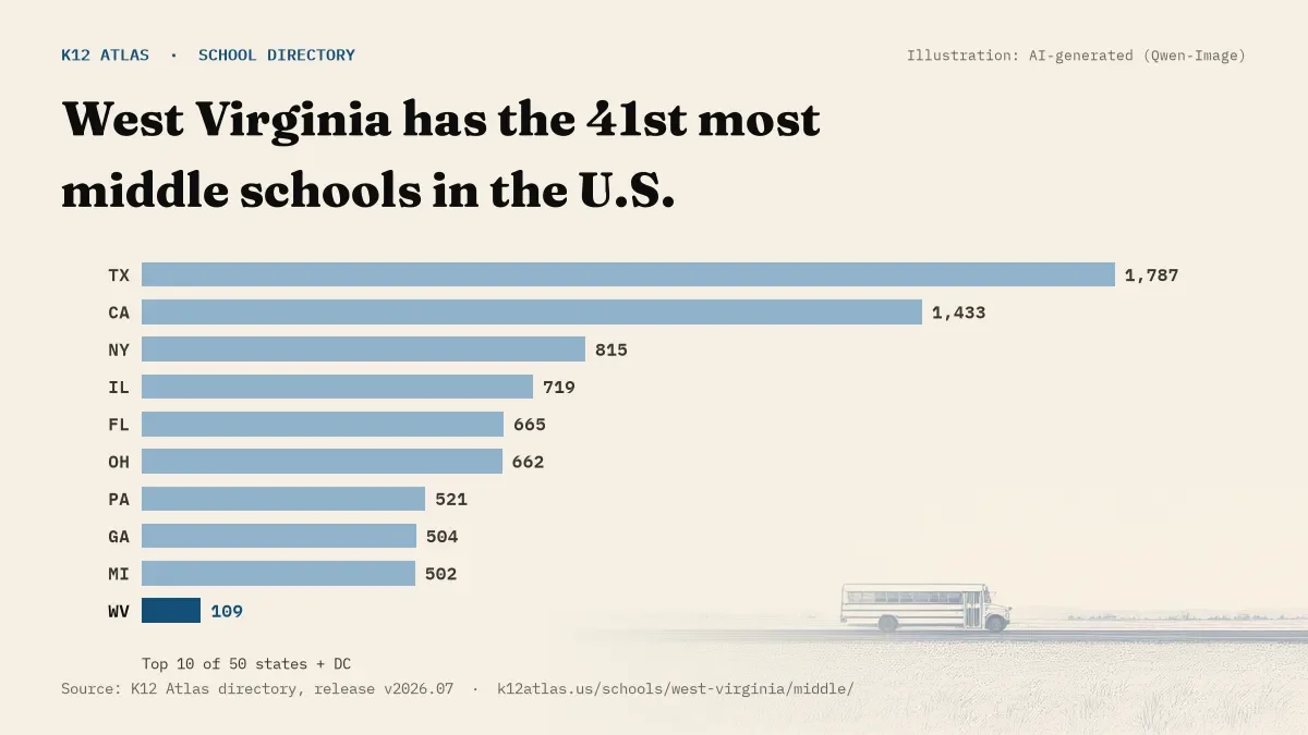 Bar chart of the states with the most middle schools: West Virginia has the 41st most of the 50 states and DC, with 109.