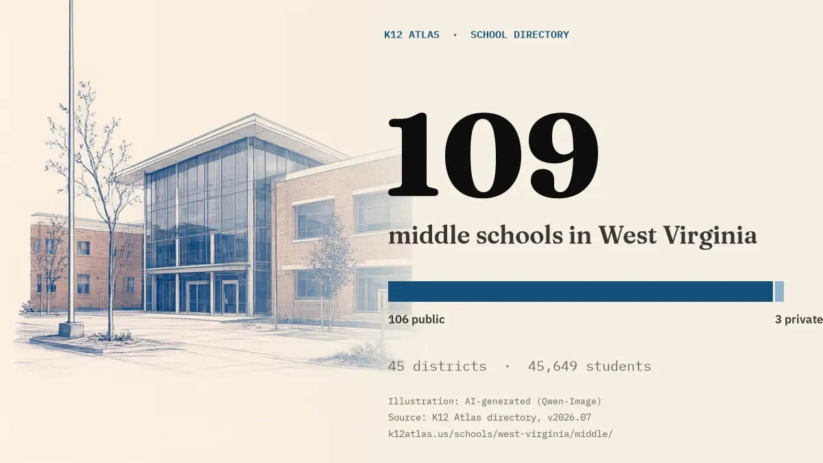 109 middle schools in West Virginia: 106 public and 3 private, across 45 districts with 45,649 students.