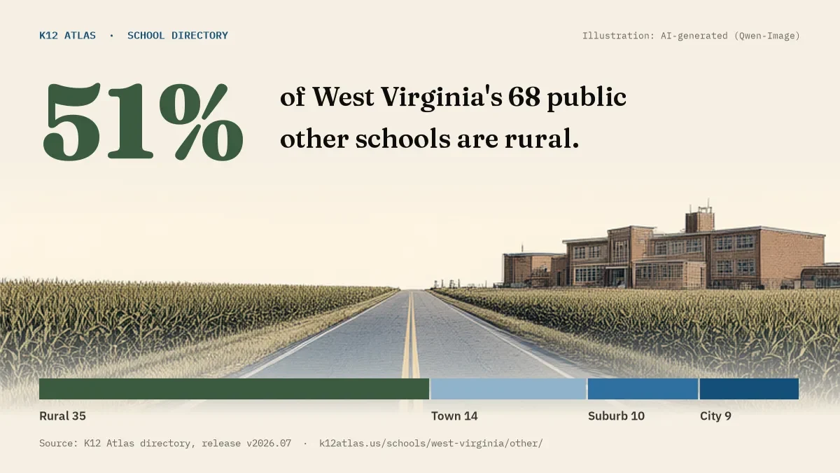 51% of West Virginia's 68 public other schools are rural (rural 35, town 14, suburb 10, city 9).