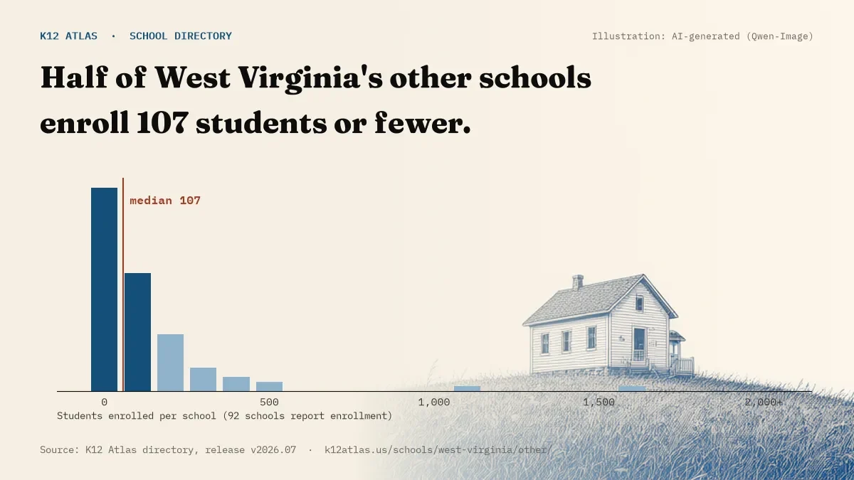 Histogram of enrollment: half of West Virginia's other schools enroll 107 students or fewer (92 schools report enrollment).