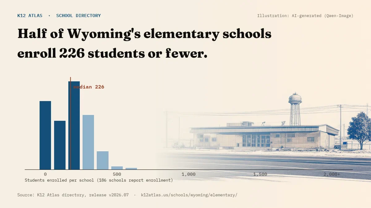 Histogram of enrollment: half of Wyoming's elementary schools enroll 226 students or fewer (186 schools report enrollment).