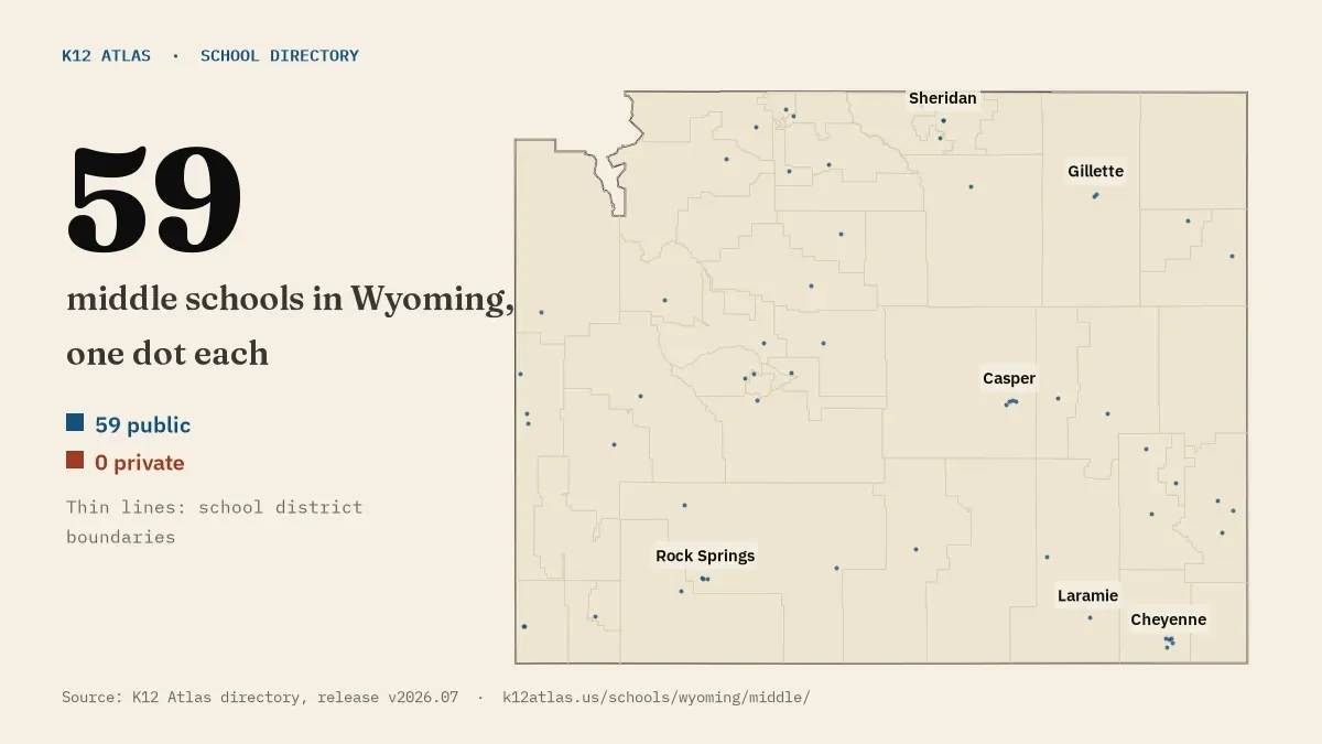Map of Wyoming with one dot for each of its 59 mapped middle schools, over school district boundaries.