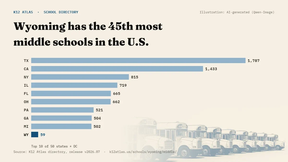 Bar chart of the states with the most middle schools: Wyoming has the 45th most of the 50 states and DC, with 59.