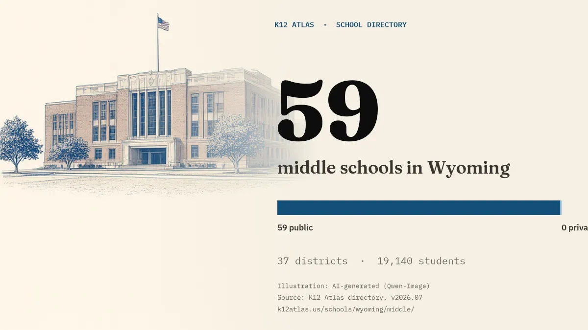 59 middle schools in Wyoming: 59 public and 0 private, across 37 districts with 19,140 students.